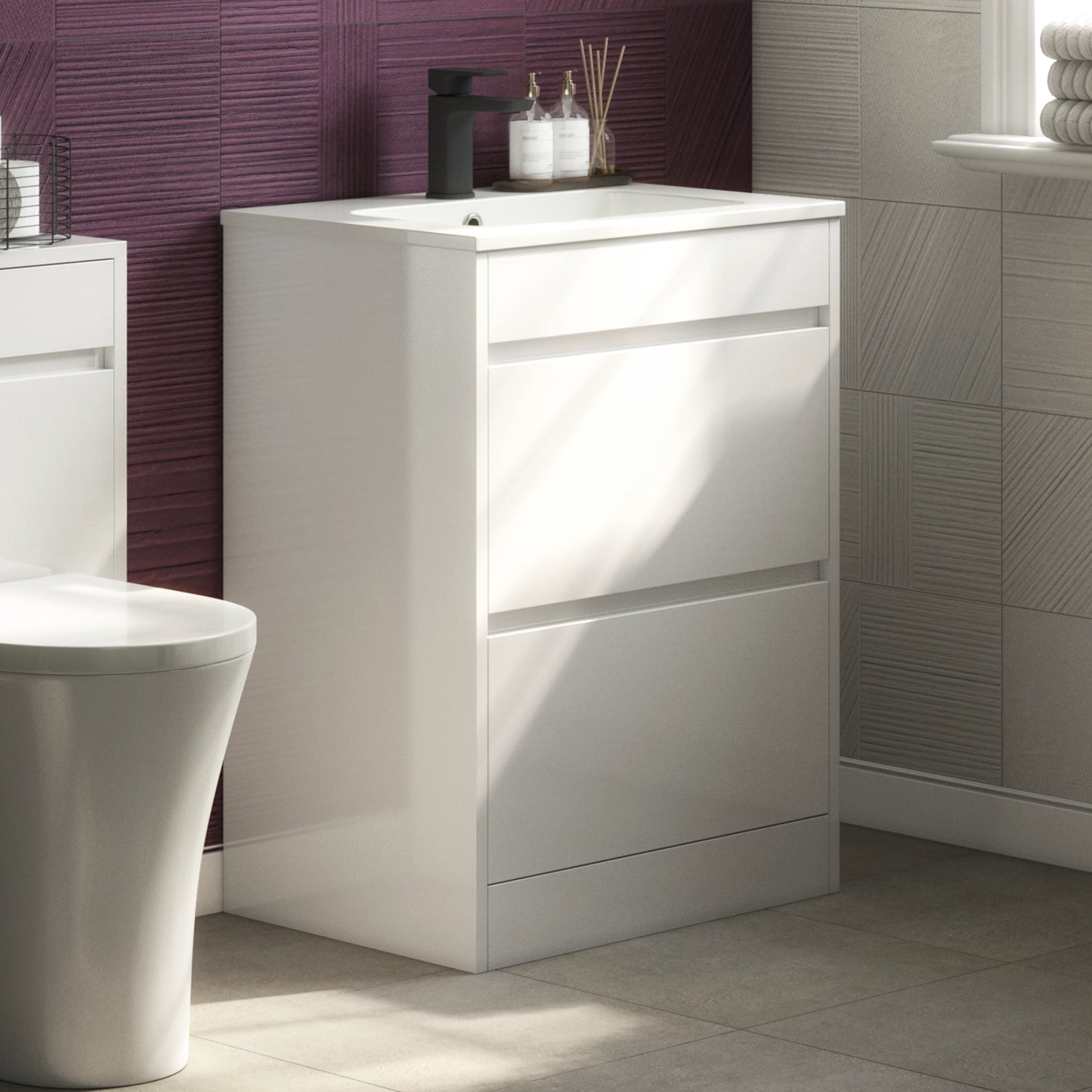 Glebe 620mm x 850mm x 480mm 2 Drawer Floorstanding Vanity Unit - Matt White