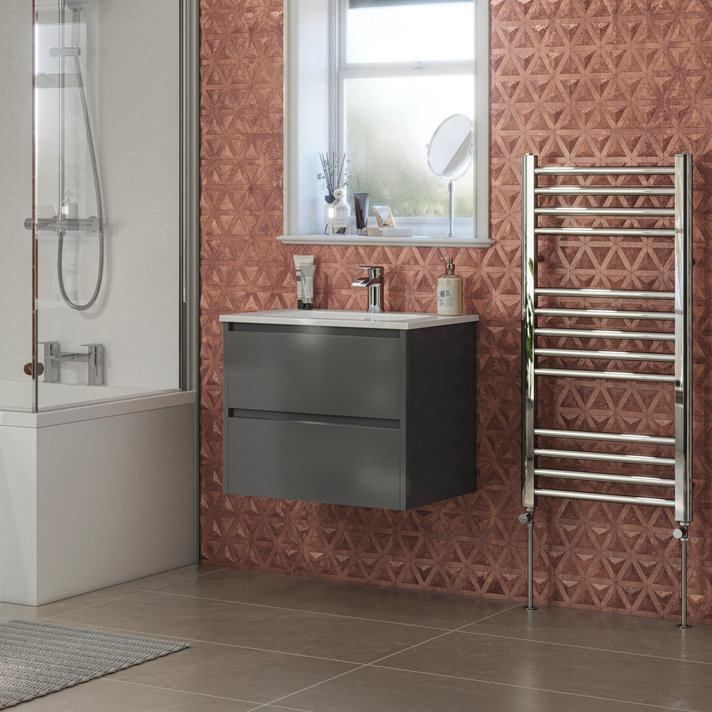 Glebe 600mm x 500mm x 480mm 2 Drawer Wall Mounted Vanity Unit - Matt Grey