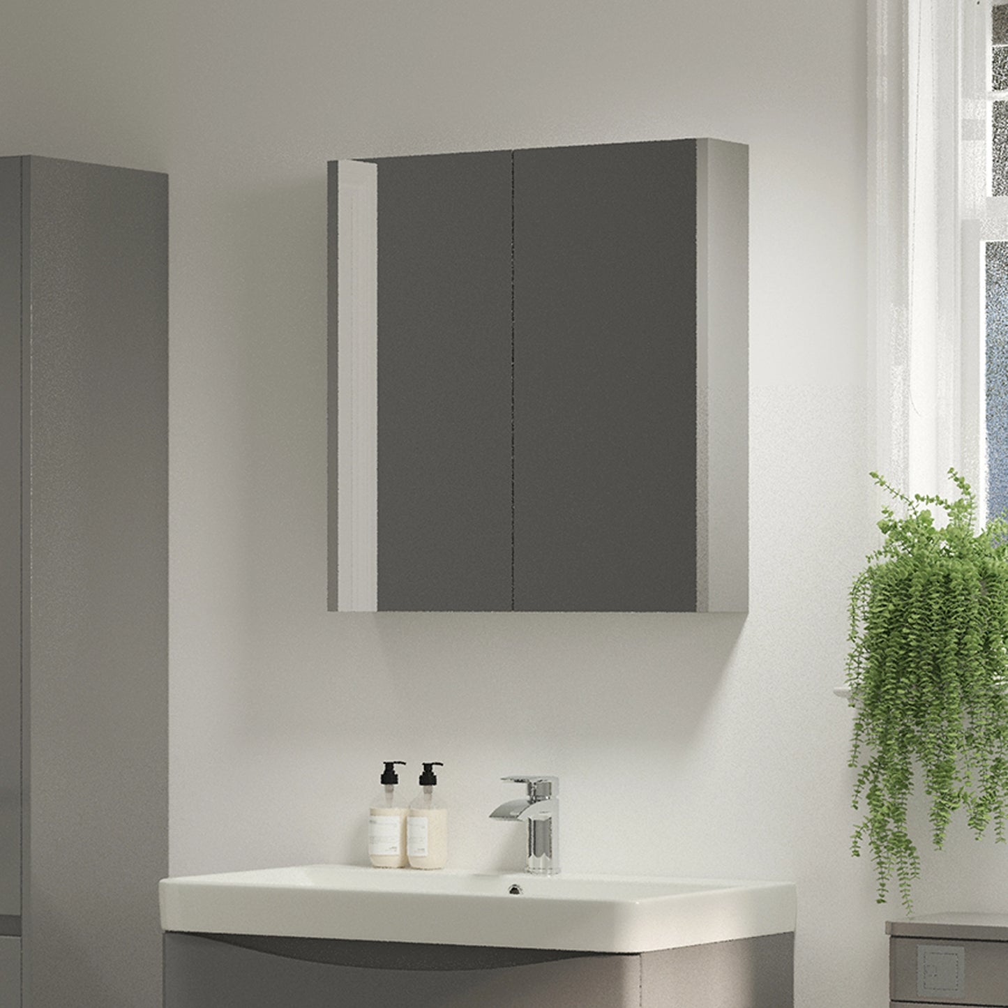 Glebe 580mm x 650mm 2 Door Mirror Cabinet w/ Glass Shelves - Matt Grey