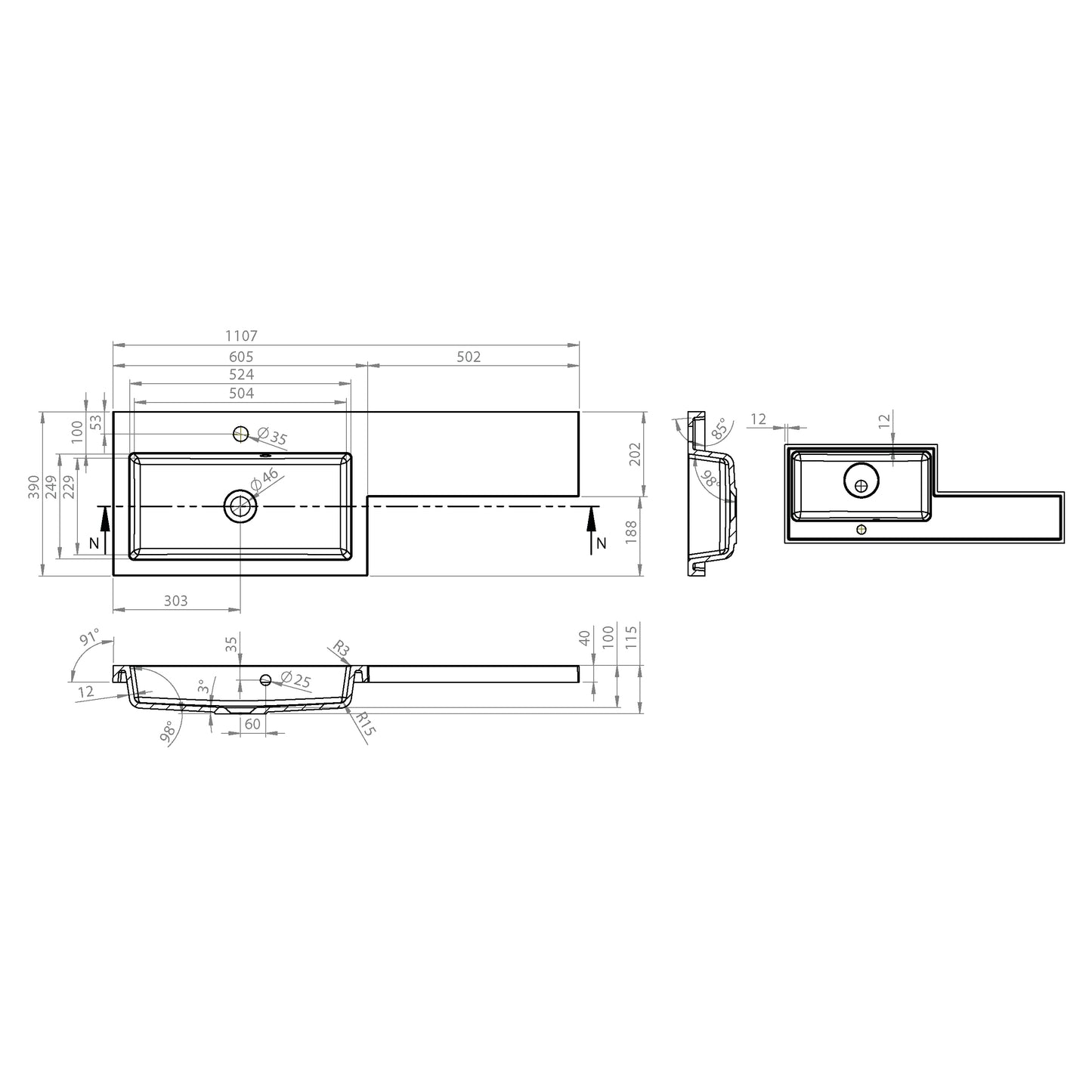 Shenley 11107mm x 390mm 1 Tap Hole Left Handed L Shape Gelcast Basin - White