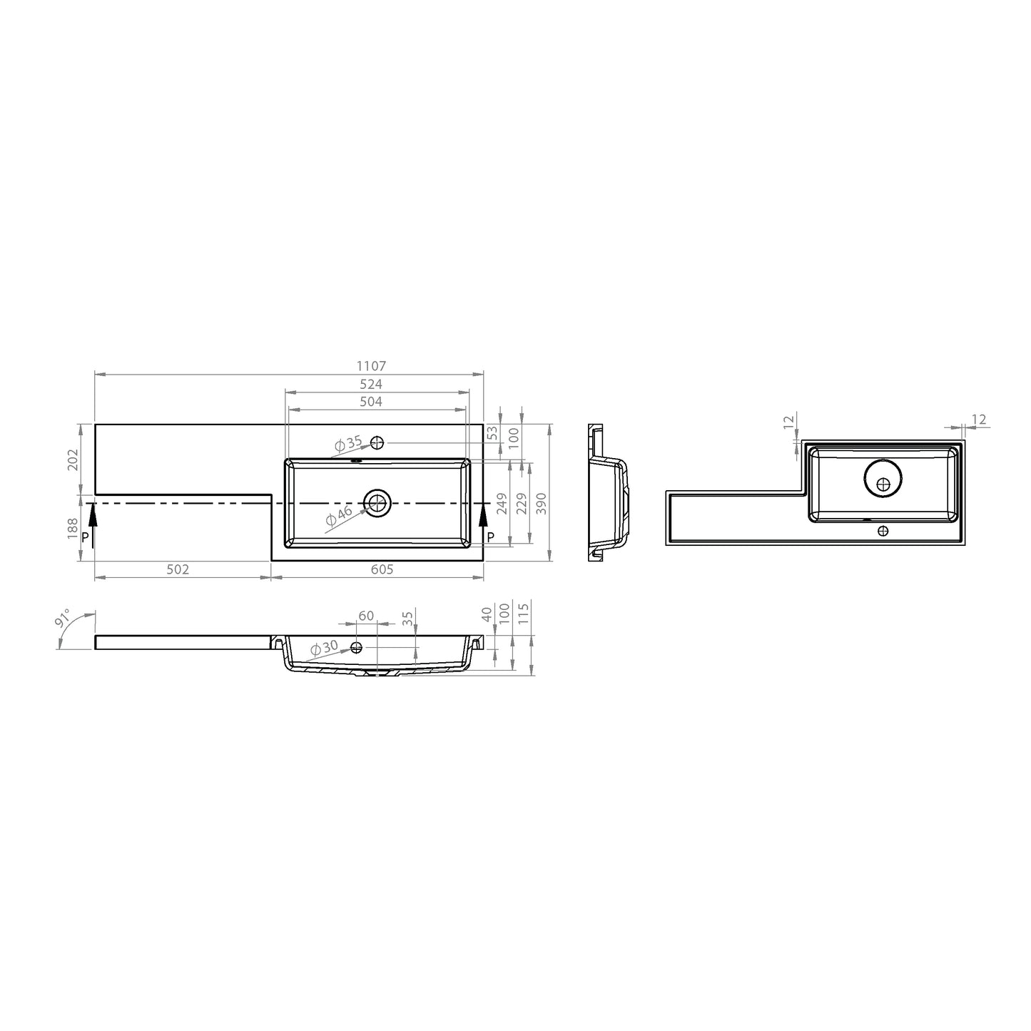 Shenley 1107mm x 390mm 1 Tap Hole Right Handed L Shape Gelcast Basin - White