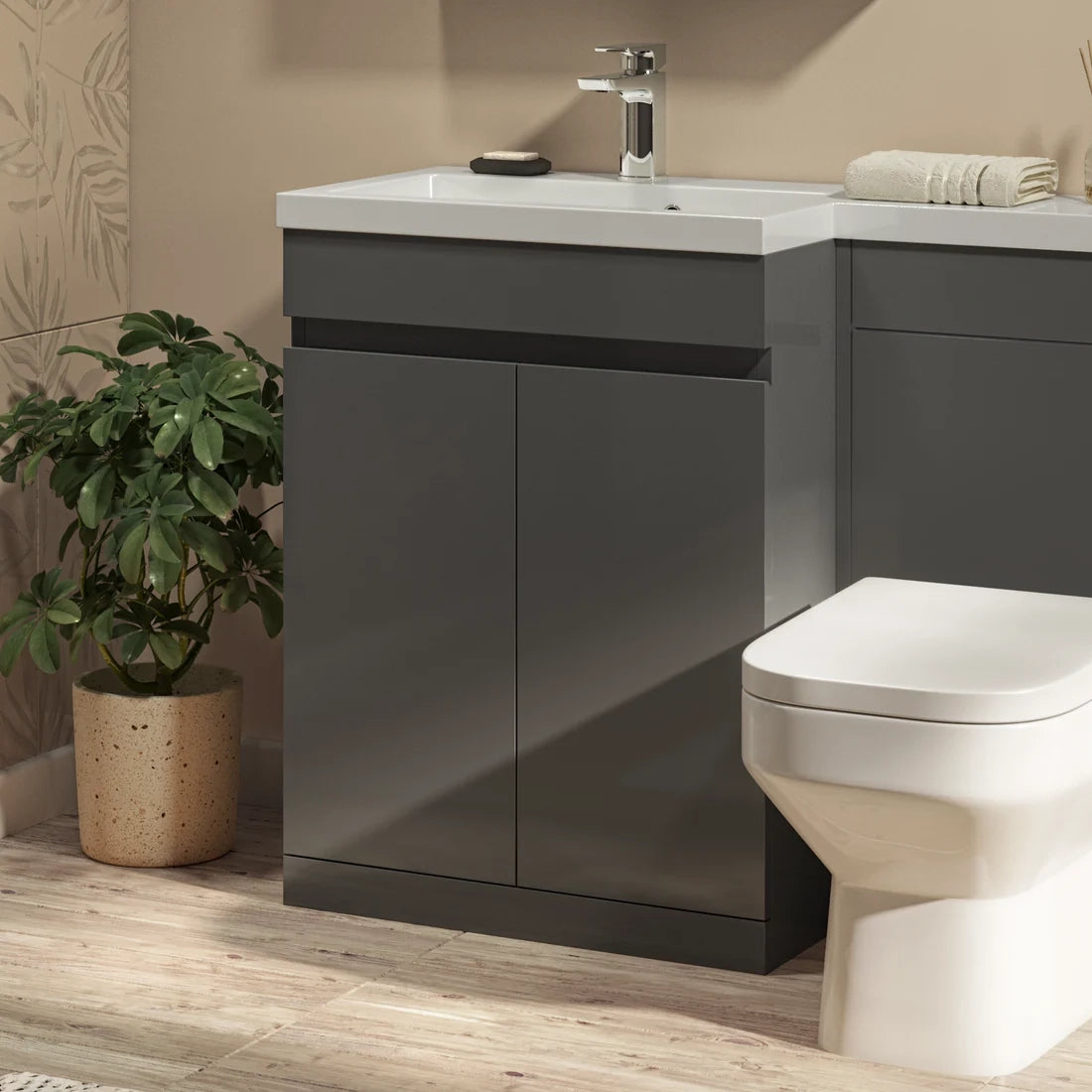Shenley 625mm x 825mm x 410mm 2 Door Handleless Floorstanding Vanity Unit - Matt Grey