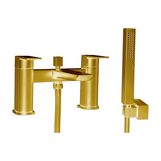 Swan Hazeley PVD Coated Bath Shower Mixer w/ 2 Tap Holes, Slide Rail & Fixed & Handheld Shower Head - Brushed Brass