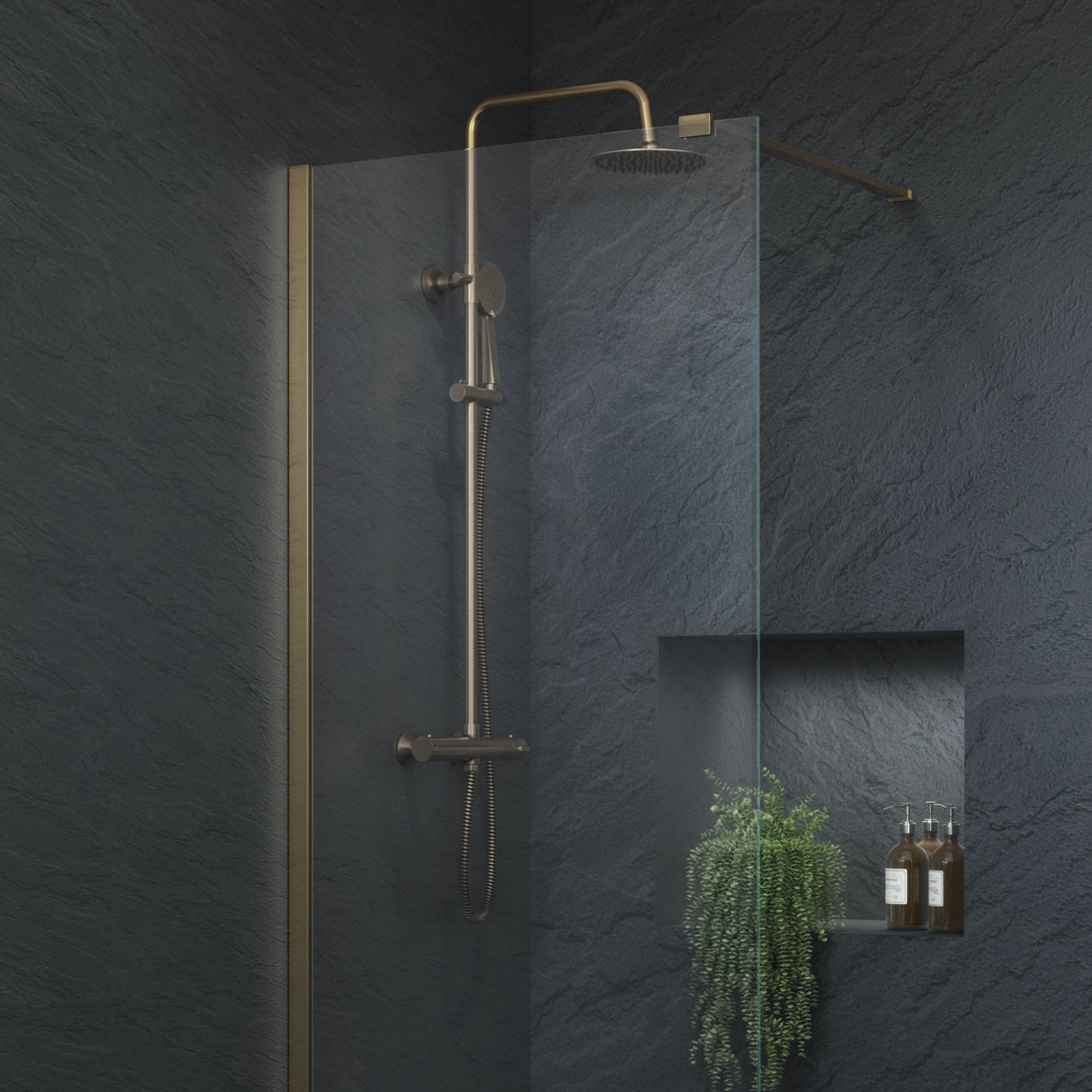 Loughton PVD Coated Column Shower w/ Rail, Hose & Round Head - Brushed Brass