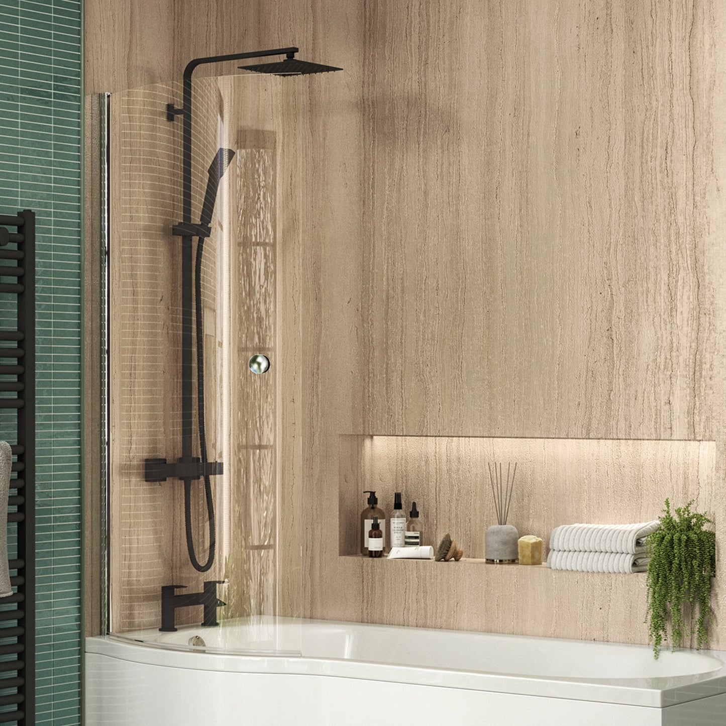 Loughton Electroplated Column Shower w/ Rail, Hose & Square Head - Black