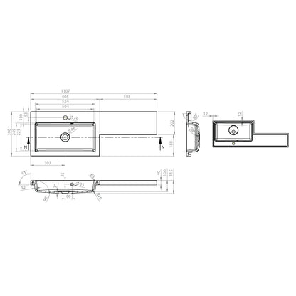 Shenley 11107mm x 390mm 1 Tap Hole Left Handed L Shape Gelcast Basin - White