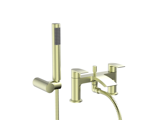 Swan Linford PVD Coated Bath Shower Mixer w/ 2 Tap Holes, Slide Rail & Fixed & Handheld Shower Head - Brushed Brass